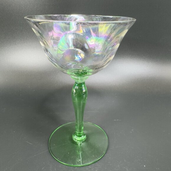 Uranium Stems Champagne Glasses Cups Herringbone Optic Iridescent Finish Set 2 - Picture 11 of 16